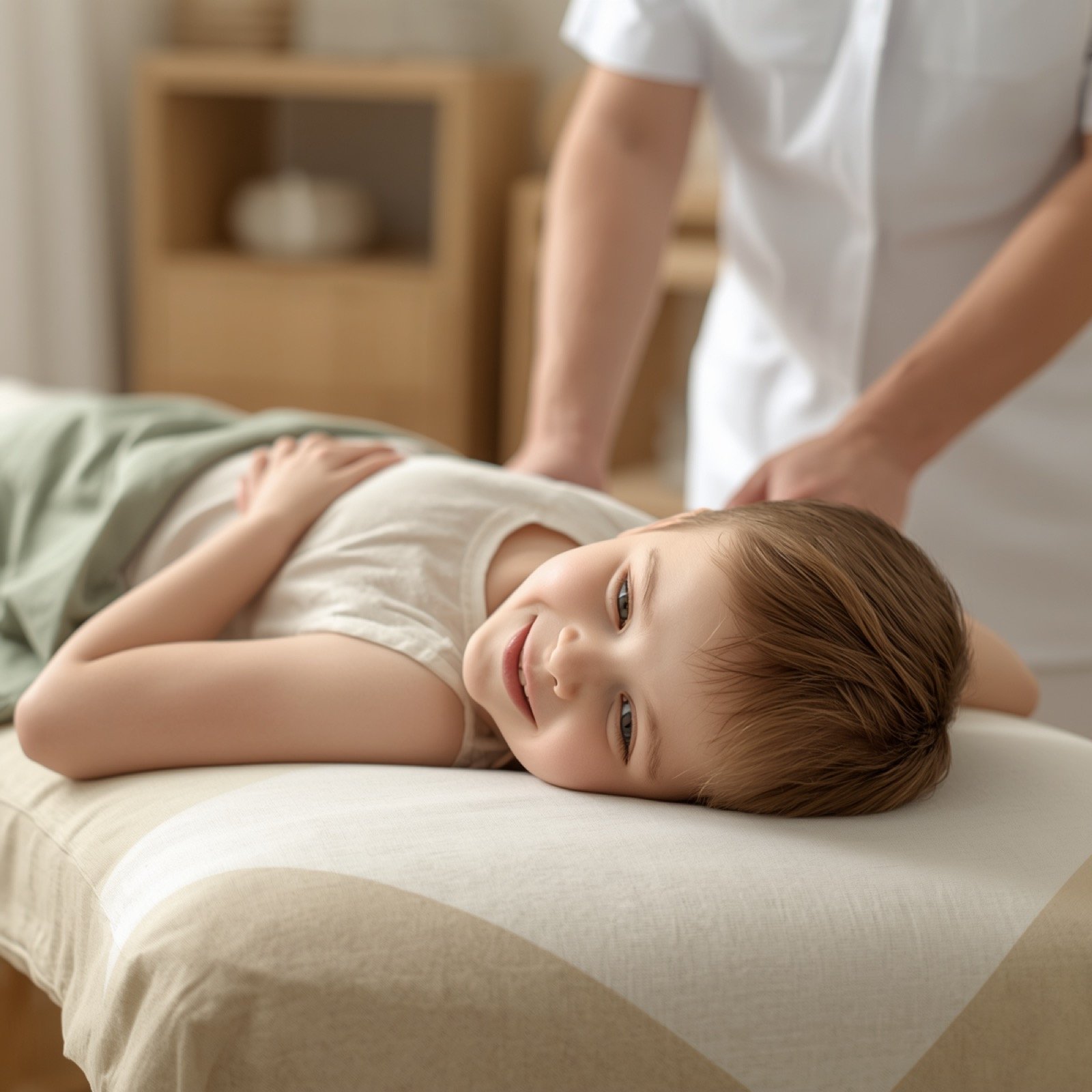 Enfant allongé sur une table de soin, ostéopathe en blouse blanche à l'arrière-plan