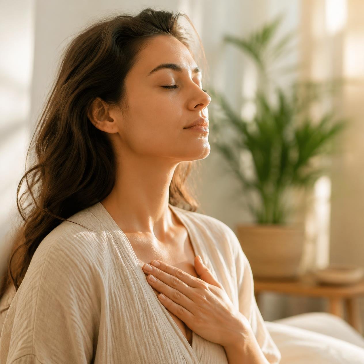 Personne sereine pratiquant la respiration, une main posée sur la poitrine, lumière naturelle